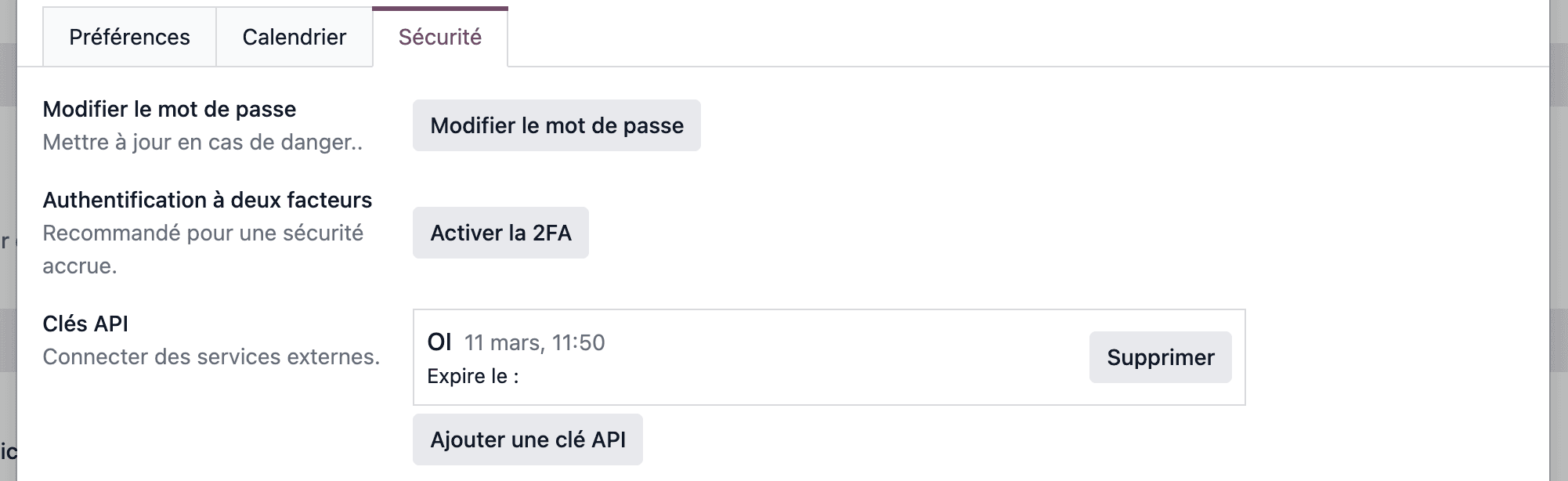 La section Clés API dans l'onglet Sécurité du compte de votre profil Odoo